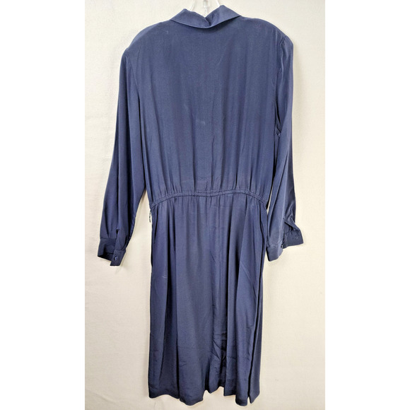Talbots 100% Silk Navy Shirt Dress Size 10 Collared Button Front Pocket Pleated - Picture 2 of 10